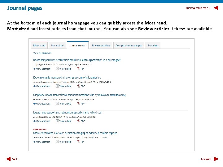 Journal pages Back to main menu At the bottom of each journal homepage you