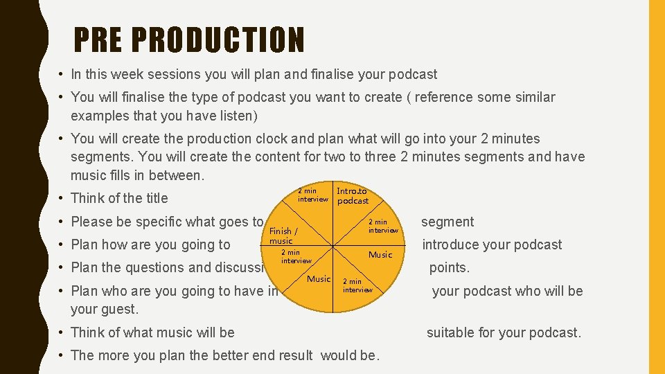 PRE PRODUCTION • In this week sessions you will plan and finalise your podcast
