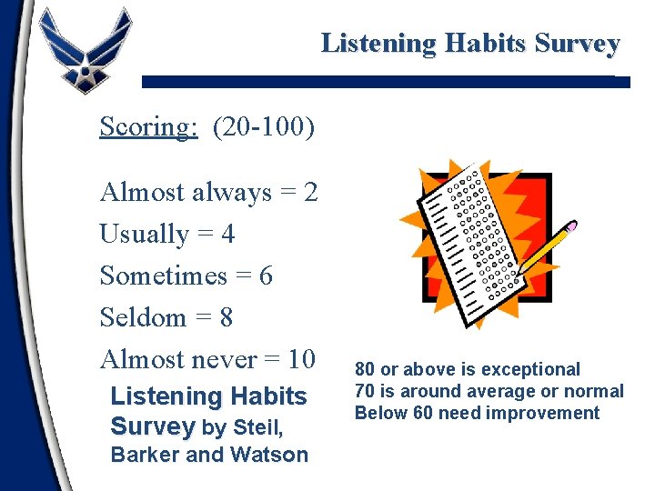 Listening Habits Survey Scoring: (20 -100) Almost always = 2 Usually = 4 Sometimes