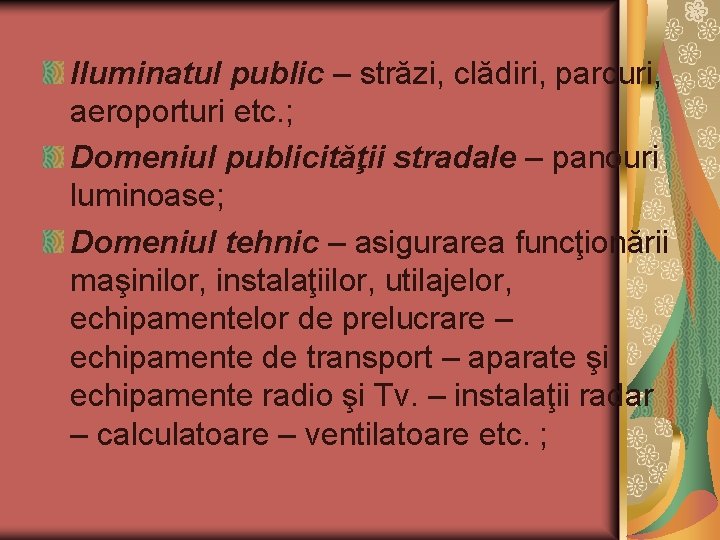 Iluminatul public – străzi, clădiri, parcuri, aeroporturi etc. ; Domeniul publicităţii stradale – panouri