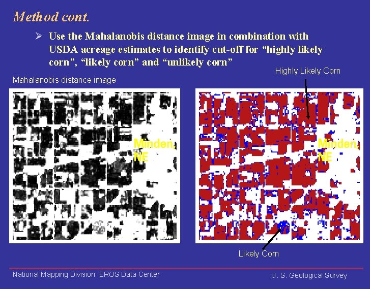 Method cont. Ø Use the Mahalanobis distance image in combination with USDA acreage estimates