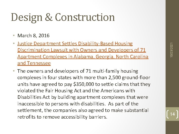  • March 8, 2016 • Justice Department Settles Disability-Based Housing Discrimination Lawsuit with