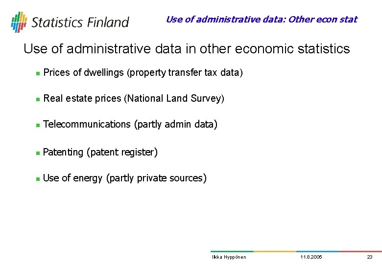 Use of administrative data: Other econ stat Use of administrative data in other economic