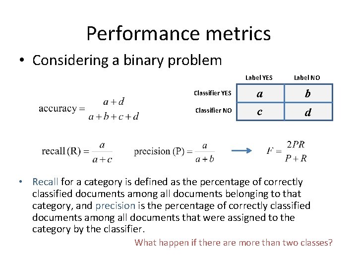 Performance metrics • Considering a binary problem Classifier YES Classifier NO Label YES Label