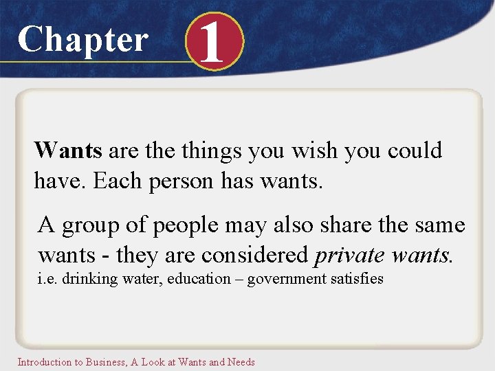 Chapter 1 Wants are things you wish you could have. Each person has wants.