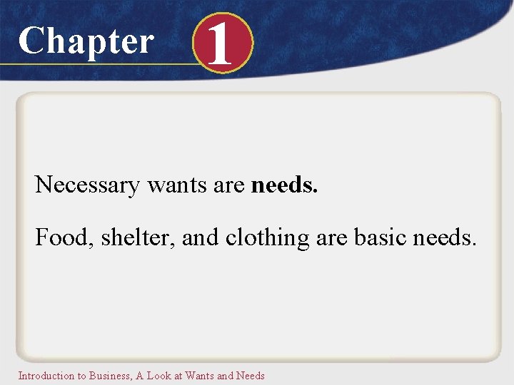 Chapter 1 Necessary wants are needs. Food, shelter, and clothing are basic needs. Introduction