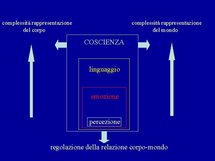 complessità rappresentazione del corpo complessità rappresentazione del mondo COSCIENZA linguaggio emozione percezione regolazione della