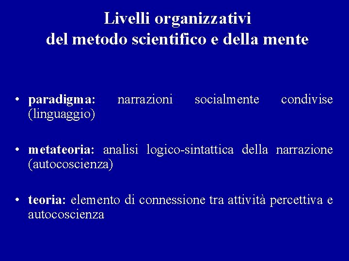 Livelli organizzativi del metodo scientifico e della mente • paradigma: (linguaggio) narrazioni socialmente condivise