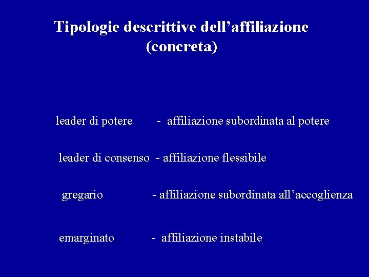 Tipologie descrittive dell’affiliazione (concreta) leader di potere - affiliazione subordinata al potere leader di