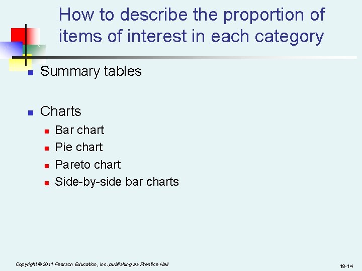 How to describe the proportion of items of interest in each category n Summary
