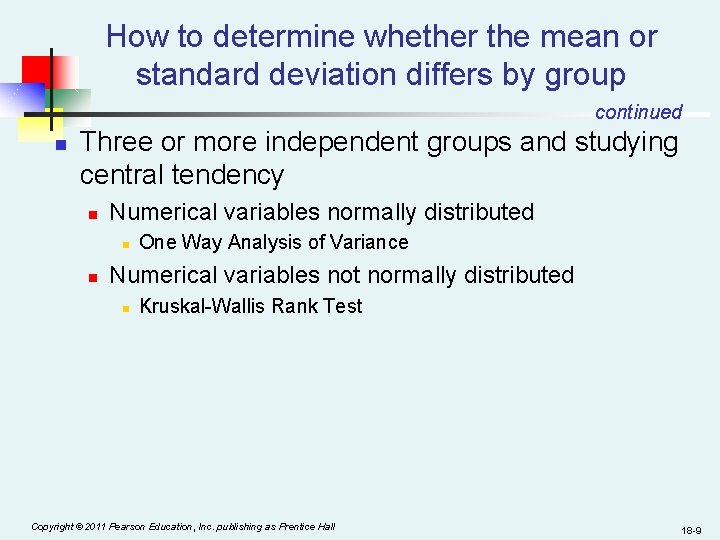 How to determine whether the mean or standard deviation differs by group continued n