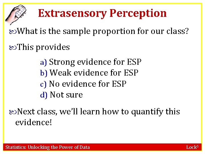 Extrasensory Perception What is the sample proportion for our class? This provides a) Strong