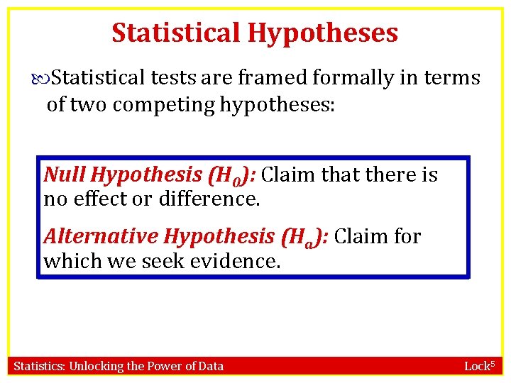 Statistical Hypotheses Statistical tests are framed formally in terms of two competing hypotheses: Null