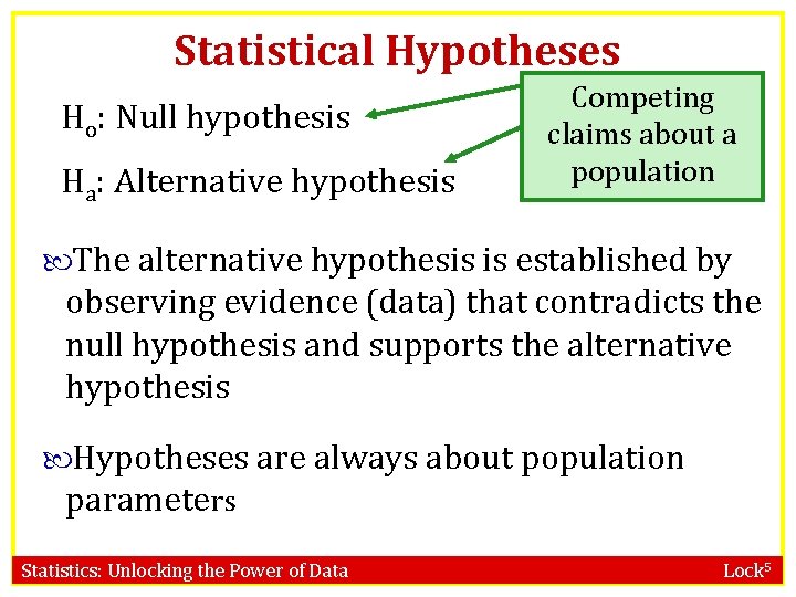 Statistical Hypotheses Ho: Null hypothesis Ha: Alternative hypothesis Competing claims about a population The
