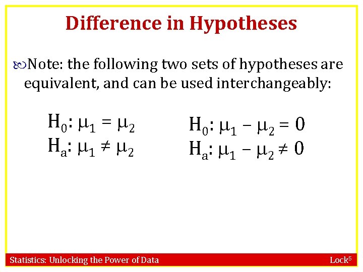 Difference in Hypotheses Note: the following two sets of hypotheses are equivalent, and can