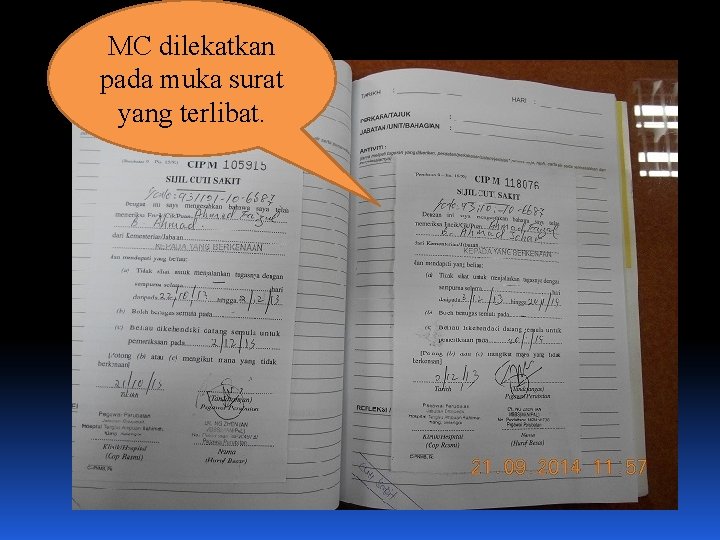 MC dilekatkan pada muka surat yang terlibat. 