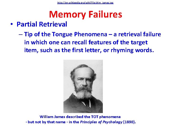 http: //en. wikipedia. org/wiki/File: Wm_james. jpg Memory Failures • Partial Retrieval – Tip of