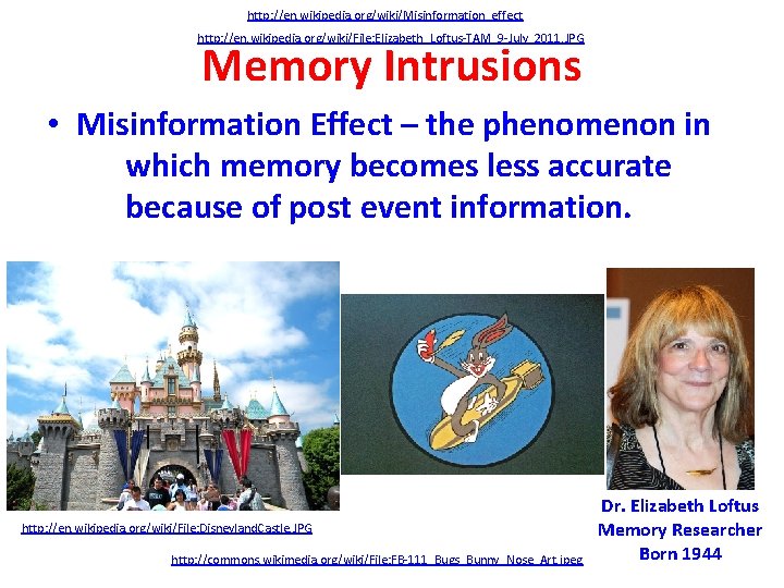 http: //en. wikipedia. org/wiki/Misinformation_effect http: //en. wikipedia. org/wiki/File: Elizabeth_Loftus-TAM_9 -July_2011. JPG Memory Intrusions •