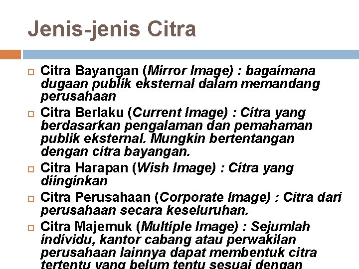 Jenis-jenis Citra Bayangan (Mirror Image) : bagaimana dugaan publik eksternal dalam memandang perusahaan Citra