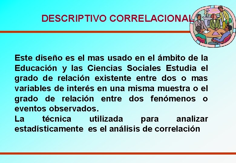 DESCRIPTIVO CORRELACIONAL Este diseño es el mas usado en el ámbito de la Educación