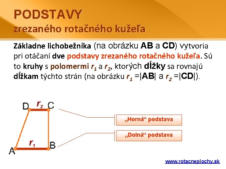 PODSTAVY zrezaného rotačného kužeľa Základne lichobežníka (na obrázku AB a CD) vytvoria pri otáčaní