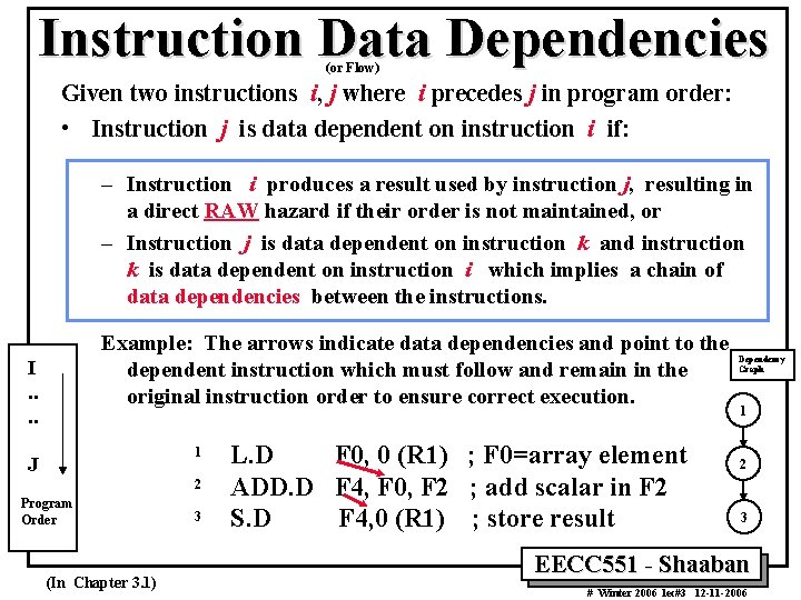 Instruction Data Dependencies (or Flow) Given two instructions i, j where i precedes j