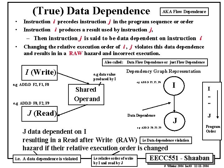 (True) Data Dependence • • AKA Flow Dependence Instruction i precedes instruction j in