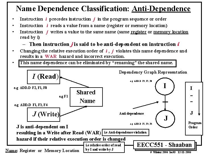 Name Dependence Classification: Anti-Dependence • • • Instruction i precedes instruction j in the