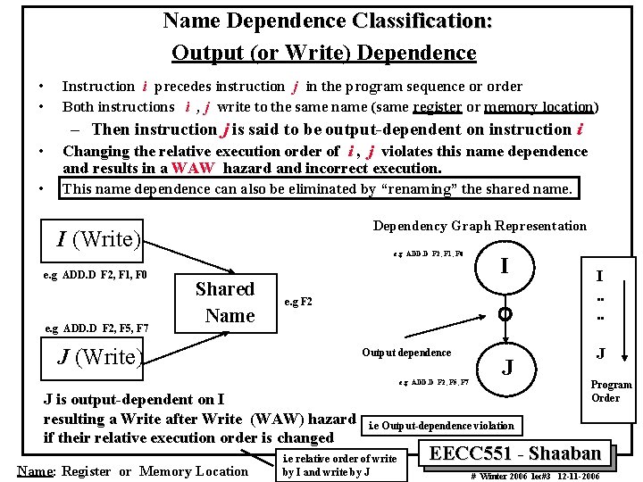 Name Dependence Classification: Output (or Write) Dependence • • Instruction i precedes instruction j