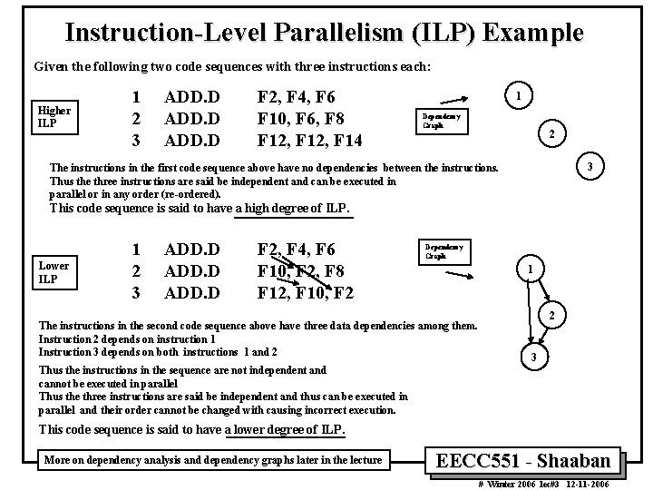 Instruction-Level Parallelism (ILP) Example Given the following two code sequences with three instructions each: