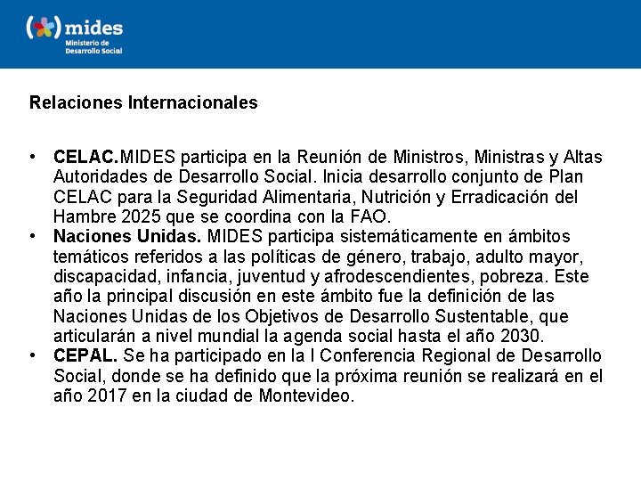 Relaciones Internacionales • CELAC. MIDES participa en la Reunión de Ministros, Ministras y Altas