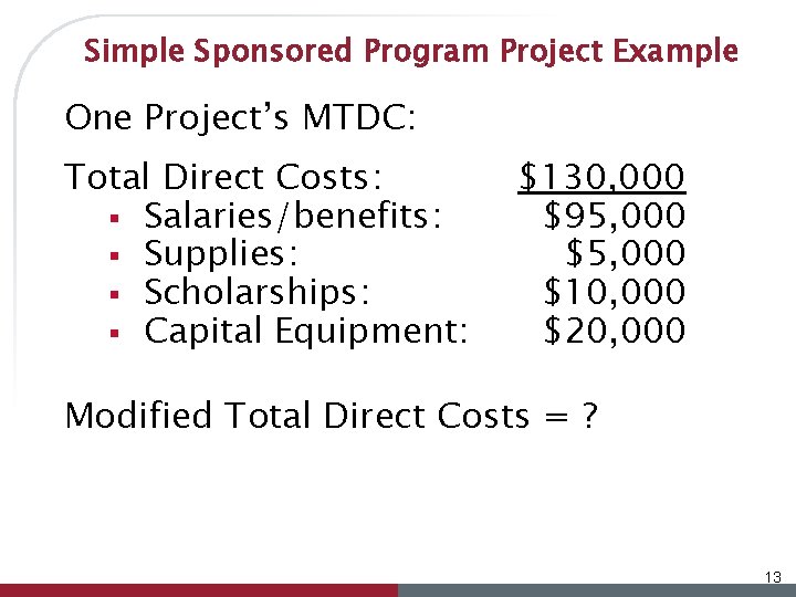 Simple Sponsored Program Project Example One Project’s MTDC: Total Direct Costs: § Salaries/benefits: §