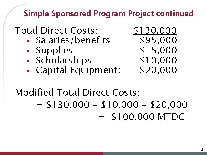 Simple Sponsored Program Project continued Total Direct Costs: § Salaries/benefits: § Supplies: § Scholarships: