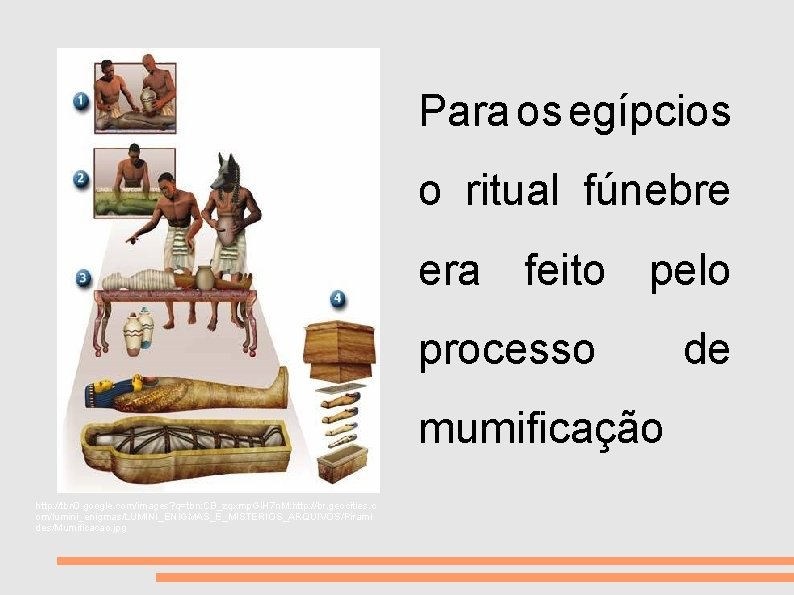 VIDA E MORTE Para os egípcios o ritual fúnebre era feito pelo processo mumificação