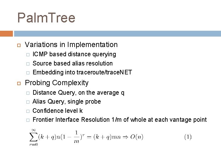 Palm. Tree Variations in Implementation � � � ICMP based distance querying Source based