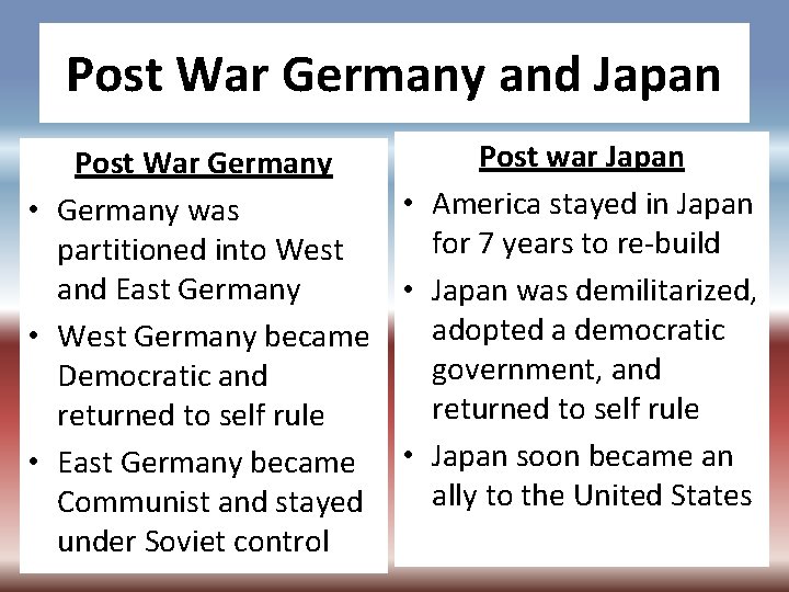 Post War Germany and Japan Post war Japan Post War Germany • America stayed