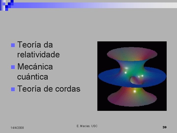n Teoría da relatividade n Mecánica cuántica n Teoría de cordas 14/4/2008 E. Macias.