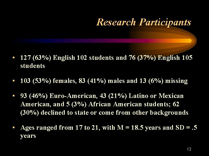 Research Participants • 127 (63%) English 102 students and 76 (37%) English 105 students