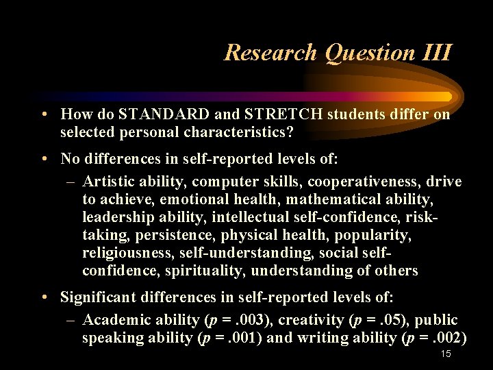 Research Question III • How do STANDARD and STRETCH students differ on selected personal