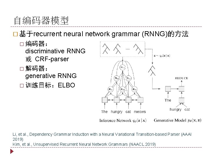 自编码器模型 � 基于recurrent neural network grammar (RNNG)的方法 � 编码器： discriminative RNNG 或 CRF-parser �