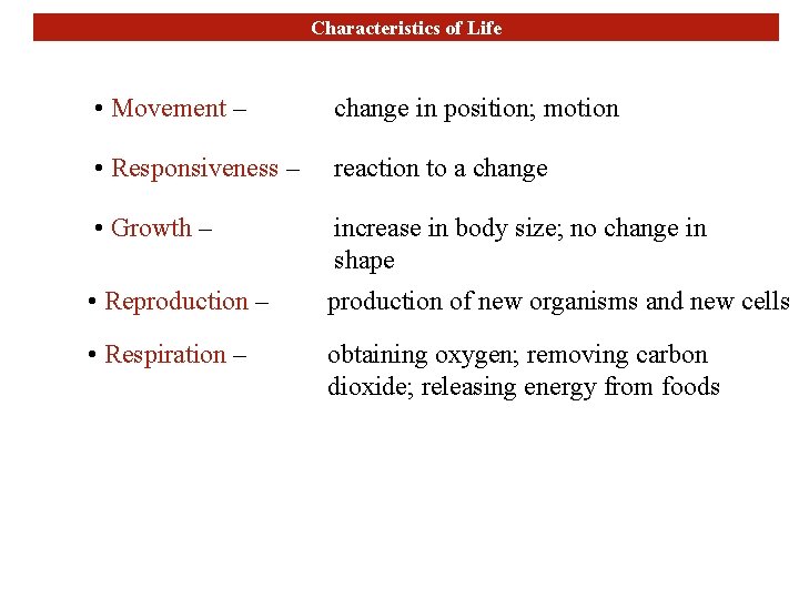 Characteristics of Life • Movement – change in position; motion • Responsiveness – reaction