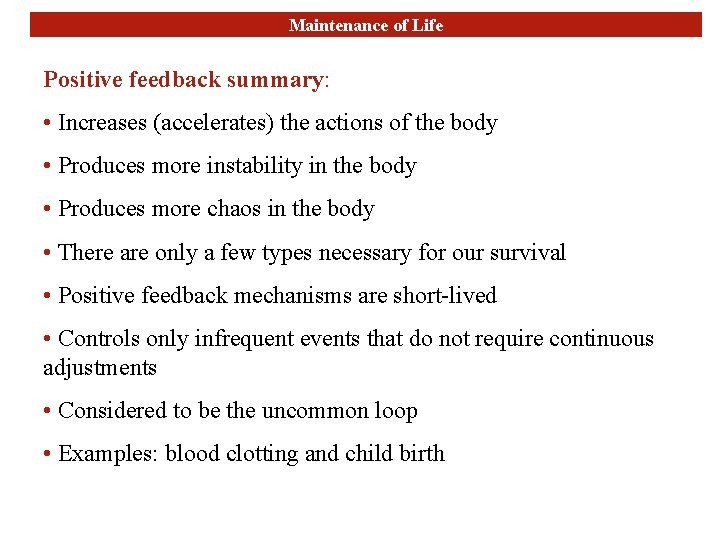 Maintenance of Life Positive feedback summary: • Increases (accelerates) the actions of the body