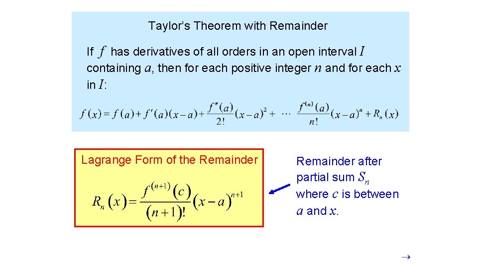 Taylor’s Theorem with Remainder If f has derivatives of all orders in an open