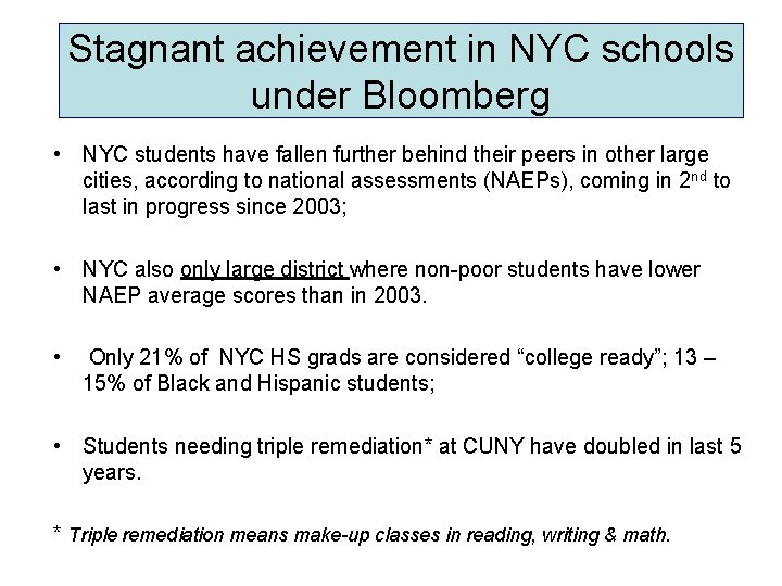 Stagnant achievement in NYC schools under Bloomberg • NYC students have fallen further behind