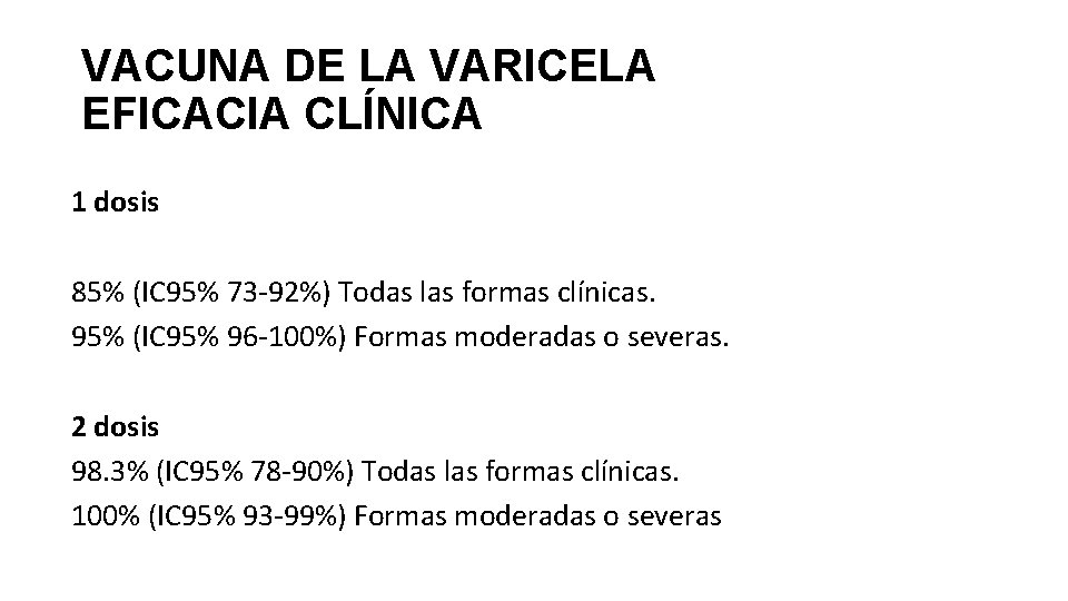 VACUNA DE LA VARICELA EFICACIA CLÍNICA 1 dosis 85% (IC 95% 73 -92%) Todas