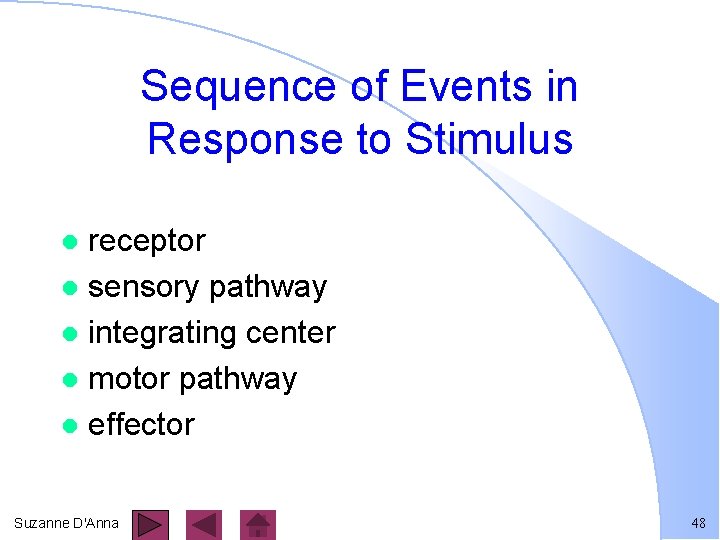 Sequence of Events in Response to Stimulus receptor l sensory pathway l integrating center