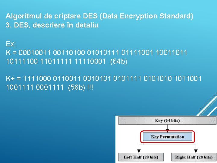 Algoritmul de criptare DES (Data Encryption Standard) 3. DES, descriere în detaliu Ex: K