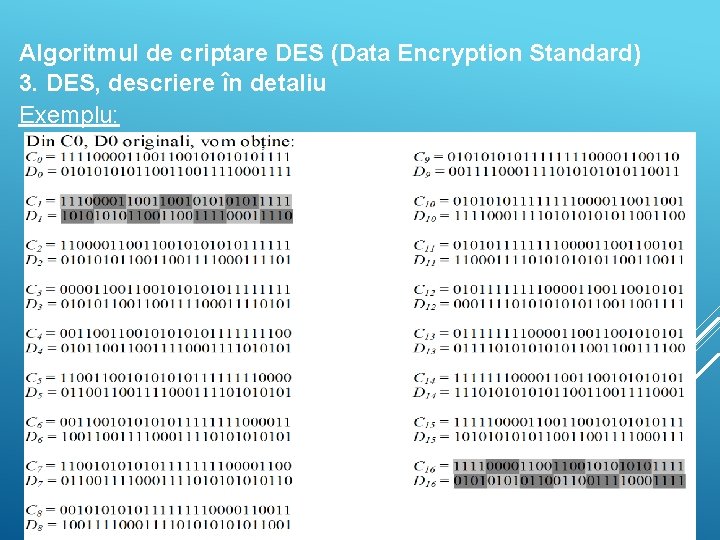 Algoritmul de criptare DES (Data Encryption Standard) 3. DES, descriere în detaliu Exemplu: 