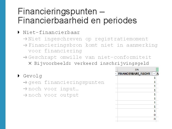 Financieringspunten – Financierbaarheid en periodes Niet-financierbaar Niet ingeschreven op registratiemoment Financieringsbron komt niet in