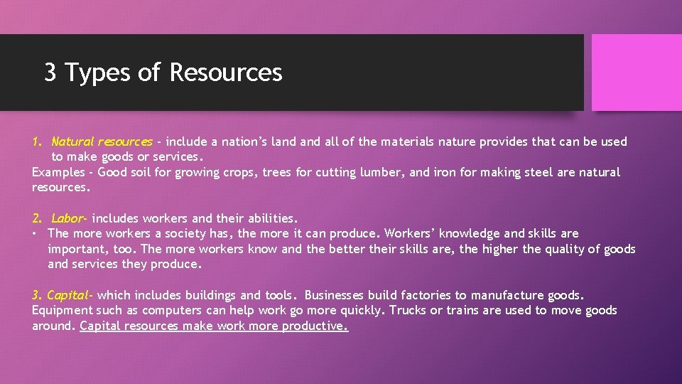 3 Types of Resources 1. Natural resources - include a nation’s land all of 3 Types of Resources 1. Natural resources - include a nation’s land all of
